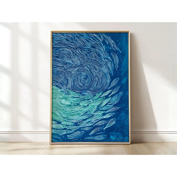 Abstract Ocean Currents Art Modern Coastal Wall Decor With Fish Swirl, Unframed Paper Print