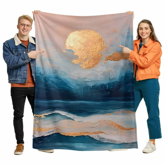 Abstract Ocean Flannel Blanket for Bed,Travel and Camping, Gold Sunset Blue Wave Oil Painting Super Soft Cozy Blanket for All Seasons 60"x80"