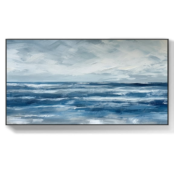 Abstract Ocean Landscape Oil Painting on Canvas Extra Large Wall Art Blue Sky Beach Decor for Modern Living Room Wall Decor,Unstretched,Frameless,(81*162cm)32*64Inches