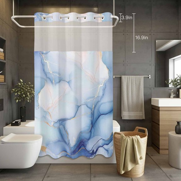 Abstract Ocean Marble Texture No Hook Shower Curtain with Snap in Liner Set,Simple Golden Line Art Waterproof Fabric Shower Curtains with See Through Top Window for Bathroom,36Wx72L