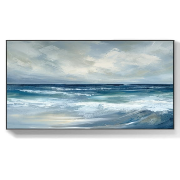 Abstract Ocean Oil Painting 3D Seascape Canvas Textured Wall Art Hand-Painted Blue Sea White Sky Clouds Painting Modern Custom Living Room Decor,Unstretched,Frameless,(114*228cm)45*90lnches