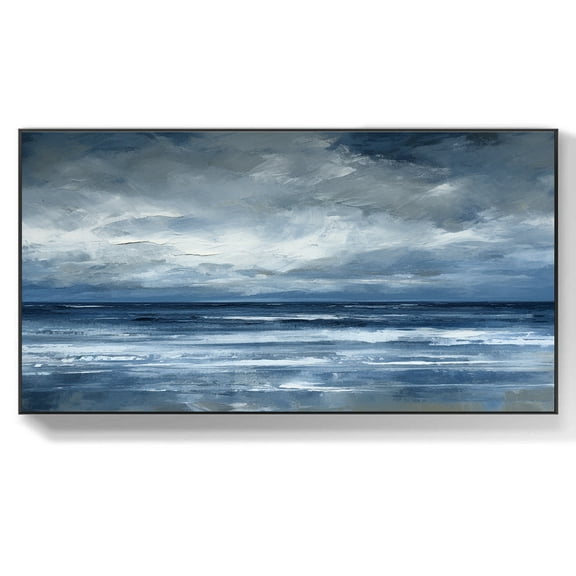 Abstract Ocean Oil Painting Seascape Canvas Textured Wall Art Hand-Painted Dark Blue Sky Clouds Painting Modern Living Room Decor,Unstretched,Frameless,(41*61cm)16*32Inches