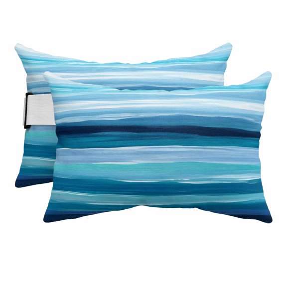 Abstract Ocean Outdoor Chaise Lounge Pillows Watercolor Ombre Wave Stripe Blue Theme Lumbar Pillows with Insert Adjustable Elastic Strap Headrest Pillow for Recliner Patio Chair 2 Pack 11x16 Inch