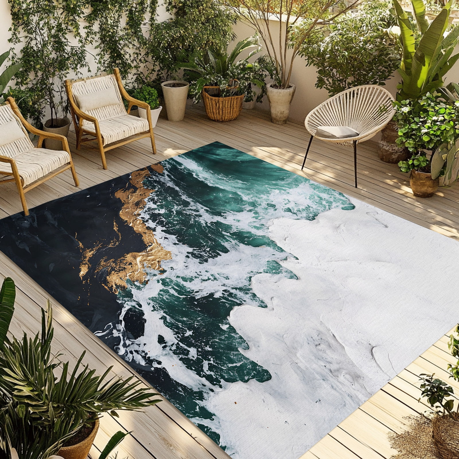 Abstract Ocean Outdoor Rug, Wave Texture Green White Gold Modern Art ...