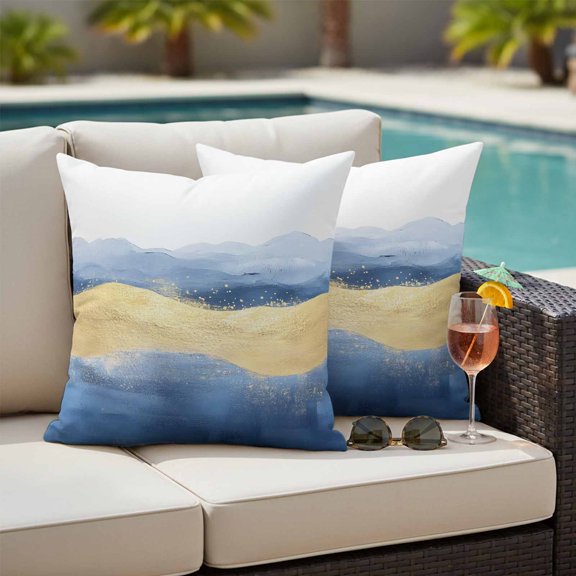 Abstract Ocean Outdoor Throw Pillow Covers Set of 2, Gradient Light Blue Gold Waves Waterproof Pillow Covers Protectors with Hidden Zipper for Garden Couch Bench 16x16in