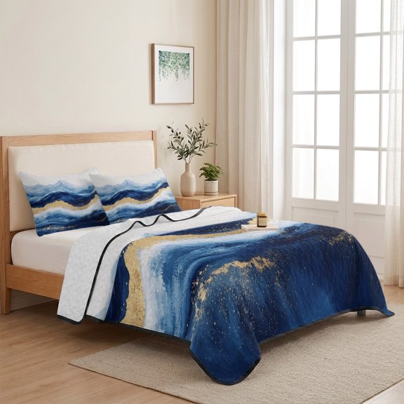 Abstract Ocean Rough Sea 3 Pieces Quilt Set,1 Quilt with 2 Shams,Marine Big Wave Navy Blue Gold Bedspread Soft Lightweight Bedding Coverlet Comforter Set for All Season 68"x98"