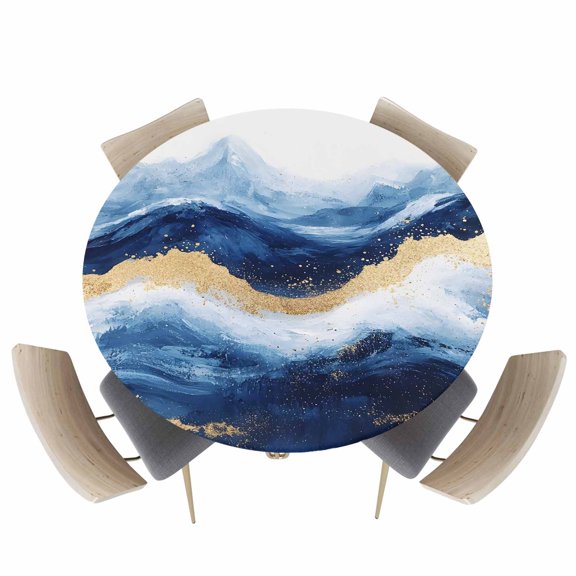Abstract Ocean Rough Sea Fitted Round Tablecloths Elastic Edged Table Covers 36"-44",Marine Big Wave Navy Blue Gold Waterproof Dining Room Kitchen Table Cloth for Holiday Party Tables Decor