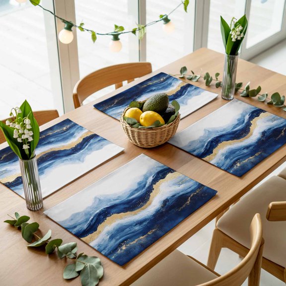 Abstract Ocean Rough Sea Placemats Set of 4,Wipeable Washable Table Mats for Dining Tables, Marine Big Wave Navy Blue Gold Place Mats for Kitchen Event Party Tabletop Decor
