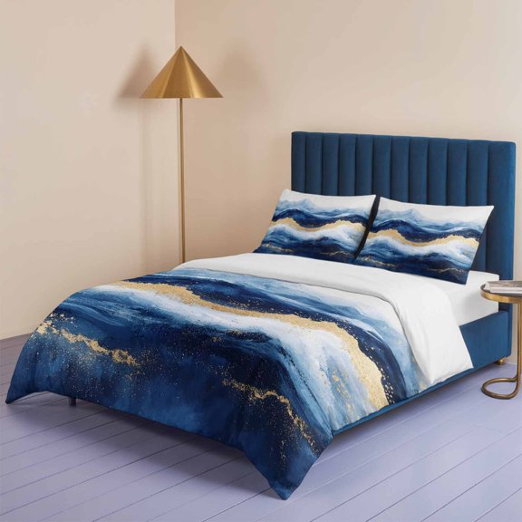 Abstract Ocean Rough Sea Queen Size Bed Set,Marine Big Wave Navy Blue Gold Bedding for All Seasons,4 Pcs Bed Set,1 Quiltcover (90"x90"),1 Sheet (90"x102"),2 Pillowcases (20"x30")