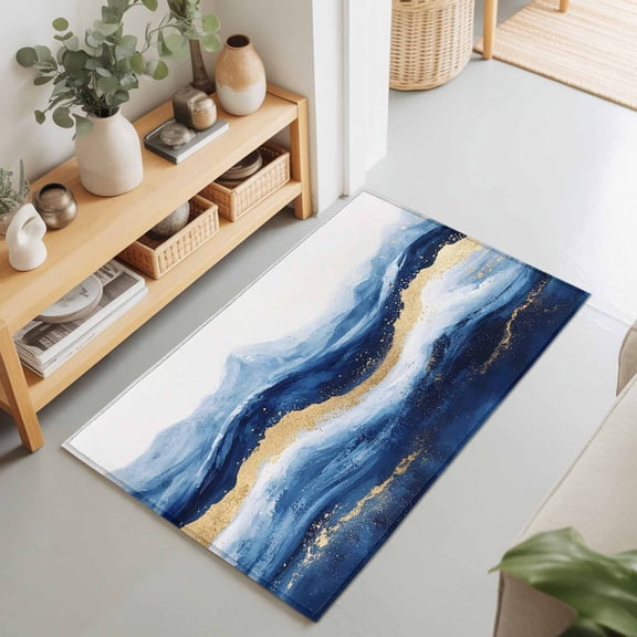 Abstract Ocean Rough Sea Rectangle Area Rug 2x3ft,Living Room Rug Non-Slip Washable Circle Rugs Pad,Marine Big Wave Navy Blue Gold Soft Floor Carpet for Bedroom Dining Room