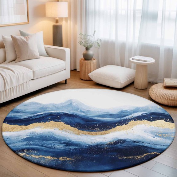 Abstract Ocean Rough Sea Round Rug 5ft Marine Big Wave Navy Blue Gold Washable Area Rugs for Living Room Bedroom Entryway Non Slip Entrance Door Mat Indoor Floor Carpet