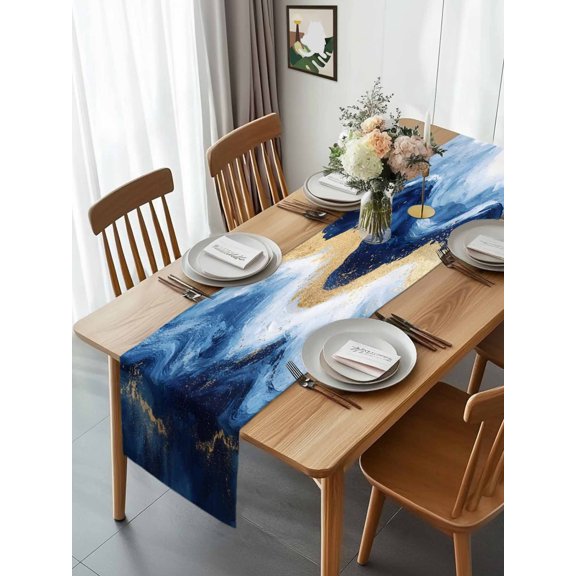 Abstract Ocean Rough Sea Table Runner 13x70in Non-Slip Cotton Linen Table Runners, Marine Big Wave Navy Blue Gold Dresser Scarves TableRunner for Dinner Kitchen Dining Wedding Party