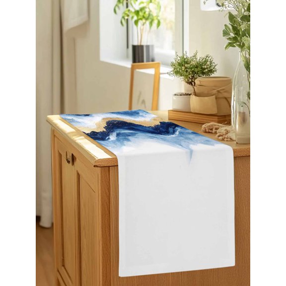 Abstract Ocean Rough Sea Table Runner 36 Inches Long,Kitchen Dining Tablerunners Marine Big Wave Navy Blue Gold Linen Table Runners Dresser Scarves for Home Dinner Wedding Holiday Party Decor