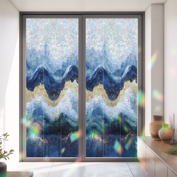 Abstract Ocean Rough Sea Window Privacy Film,Decorative Windows Static Cling Marine Big Wave Navy Blue Gold Heat Control Removable Glass Sticker for Home Bathroom Bedroom Window Door,35x79in