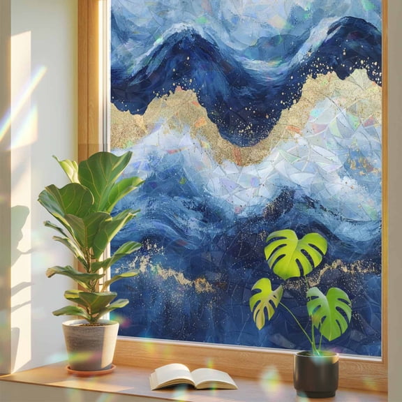 Abstract Ocean Rough Sea Window Privacy Film, Rainbow Film Decorative Window Sticker 17.7x39.3in, Marine Big Wave Navy Blue Gold Sun Blocking Static Stained Glass Cling Tint Non-Adhesive
