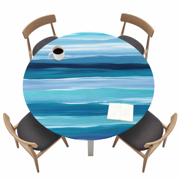 Abstract Ocean Round Fitted Tablecloth with Elastic Edge Watercolor Ombre Wave Stripe Blue Theme Table Cover Fit for 36"-44" Tables Waterproof Tablecloths for Dinner Camping Picnic