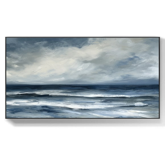 Abstract Ocean Seascape Oil Painting Original Dark Clouds Canvas Wall Art Abstract Acrylic Textured Painting Handmade Seascape Textured Wall Art,Unstretched,Frameless,(41*61cm)16*32Inches