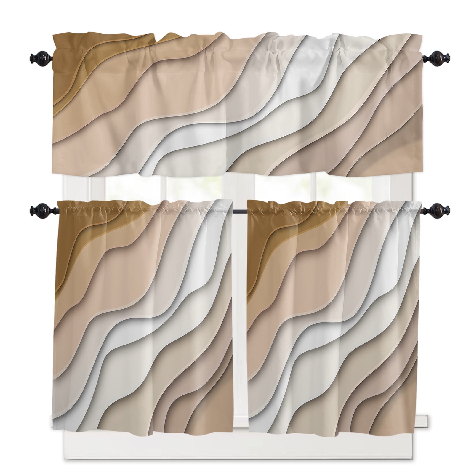 Tayney Kitchen Curtains Set Of 3 - Yellow Grey White Stripes Tier & Valance, 100% Polyester, Modern Abstract Art Short Curtains For Small Windows