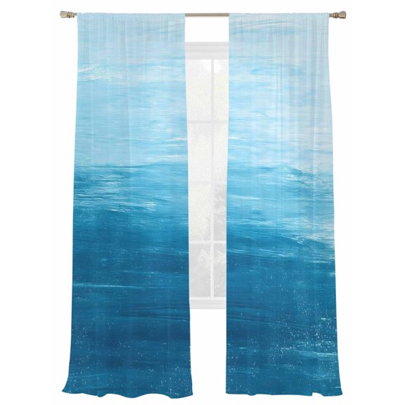 Abstract Ocean Sheer Curtains 108 Inch Long 2 Panels, Sky Blue Gradient Oil Painting Texture Light Filtering Rod Pocket Curtains, Sheer Voile Drapes for Living Room Bedroom, 52"x108"