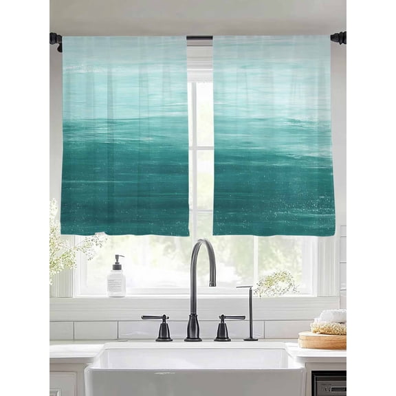 Abstract Ocean Sheer Curtains 45 Inches Long 2 Panels Teal Gradient Oil Painting Texture Light Filtering Semi Sheer Window Curtains Drapes for Bedroom Living Room 52"x45"