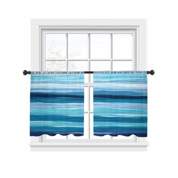 Abstract Ocean Sheer Curtains 54 Inch Long 2 Panels, Watercolor Ombre Wave Stripe Blue Theme Light Filtering Rod Pocket Curtains, Sheer Voile Drapes for Living Room Bedroom, 52"x54"