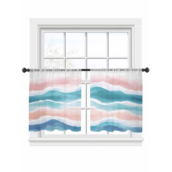 Abstract Ocean Sheer Curtains for Living Room Bedroom, Light-filtering Sheer Curtain, Wave Teal Orange Ombre Ripple Modern Art LigRod Pocket Voile Window Treatment Drapes, 52’’Wx54’’L, 2 Panels Set