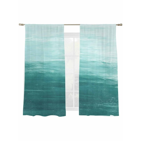 Abstract Ocean Sheer Curtains for Living Room Bedroom, Teal Gradient Oil Painting Texture Light Filtering Sheer Curtains, Rod Pocket Voile Window Drapes, 2 Panels Set 52"x 63"