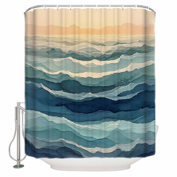 Abstract Ocean Shower Curtain, 48" x 72", Dark Blue Ripple Sunset Minimalist Art Waterproof Bathroom Curtain Washable Shower Curtain Set with 12 Hooks