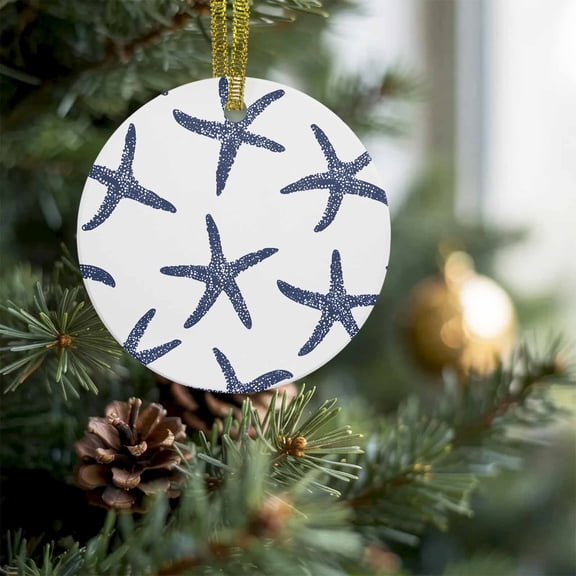 Abstract Ocean Starfish Christmas Ceramic Ornament 2026,3" Round Xmas Tree Hanging Accessories with Gold Ribbon,Coastal Navy Blue Marine Life Pendant Ornaments for Holiday Gift Home Party Decor