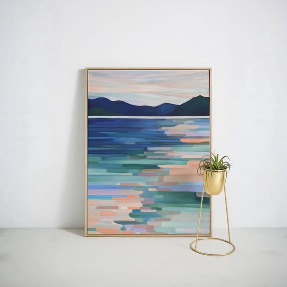 Abstract Ocean Sunset Modern Coastal In Blue And Peach Tones, Unframed Canvas