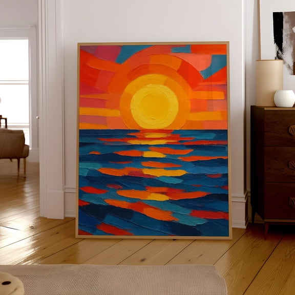 Abstract Ocean Sunset Print, Geometric Seascape Wall Art Home Decor #2610, Stretched Canvas Size 12x18