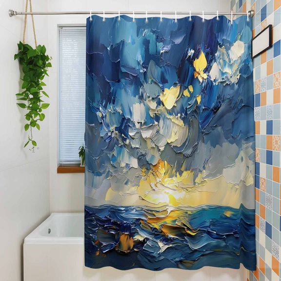 Abstract Ocean Sunset Scene Shower Curtain for Bathroom, Sea Sunlight Oil Painting Art Waterproof Shower Curtains Washable Quick Dry with Hooks Bathtub Curtains 36x72IN