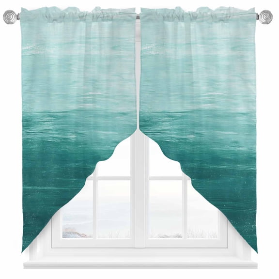 Abstract Ocean Swag Curtain Valance for Windows, Teal Gradient Oil Painting Texture Window Treatments Short Swag Topper for Kitchen Windows Bathroom Bedroom, 28"x36"