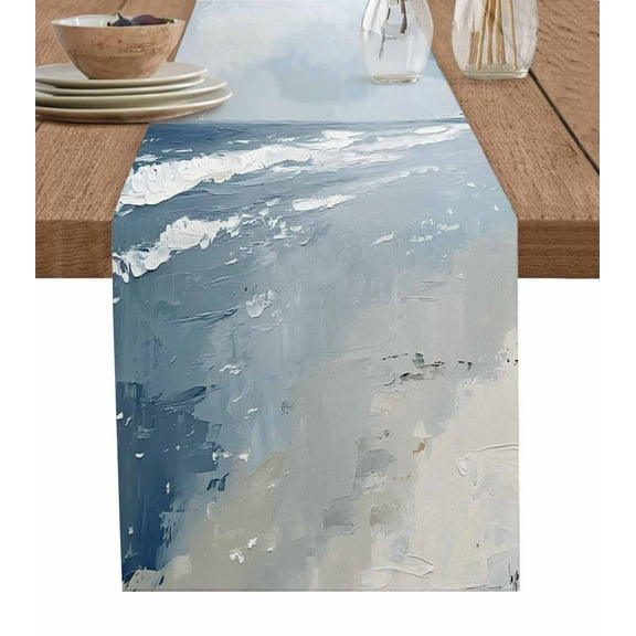 Abstract Ocean Table Runner-Cotton Linen- 108 Inch Holiday Dresser Scarves, Beach Sea Waves Grey Blue Painting Art Tablerunner for Kitchen Coffee/Dining Bedroom Living Room Dinner Scarf Décor 13x108