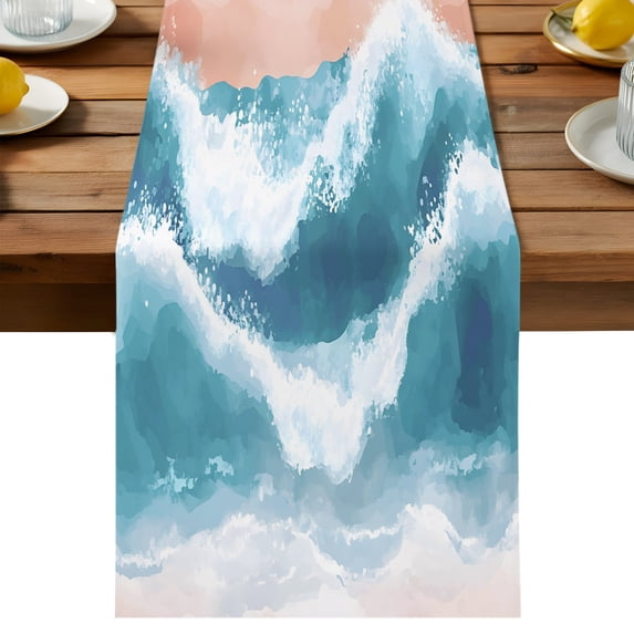 Abstract Ocean Table Runner, Wave Teal Orange Ombre Modern Art Cotton ...