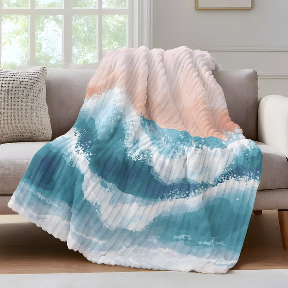 Abstract Ocean Throw Blanket for Couch Wave Teal Orange Ombre Modern Art Soft and Warm Flannel 3D Striped Fluffy Fuzzy Fleece Blanket Lightweight Throw for Bed, Sofa 30 x 40 Inches