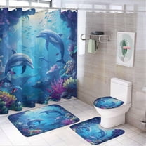 Abstract Ocean Underwater Dolphin 4 Pcs Shower Curtain Set,Watercolour Nautical Theme Tropical Fish Coral Bathroom Set Shower Mat Shower Curtain with Rug 12 Hooks