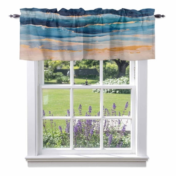 Abstract Ocean Valance Curtain Gradient Sea Wave Oil Painting Modern Window Valances Rod Pocket Short Curtains Window Treatments for Kitchen Bedroom Bathroom Laundry 60" x 14"