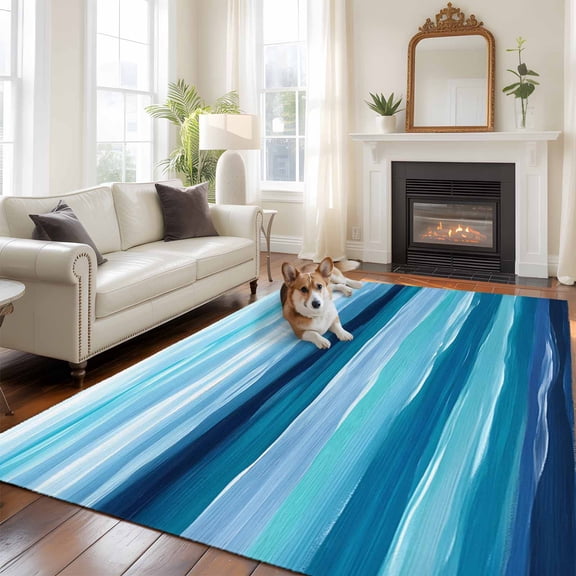 Abstract Ocean Washable Area Rug 5x7 Watercolor Ombre Wave Stripe Blue Theme Low-Profile Large Area Rugs with Non Slip Backing Indoor Floor Carpet for Entrance Living Room Bedroom Home Office