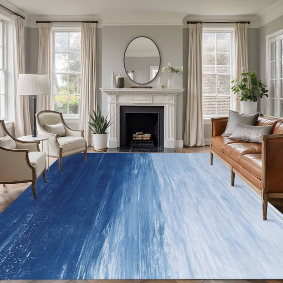 Abstract Ocean Washable Living Room Rugs 5'x7', Dark Blue Gradient Oil Painting Texture Low Pile Throw Large Area Rugs Non-Slip Sturdy Edge Binding Carpet for Dining Room Bedside Kitchen