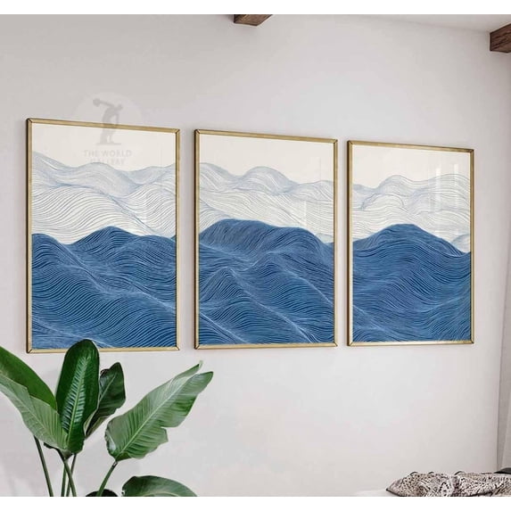 Abstract Ocean Wave Blue Line Coastal Wall Decor Set 3 Unframed Paper ...