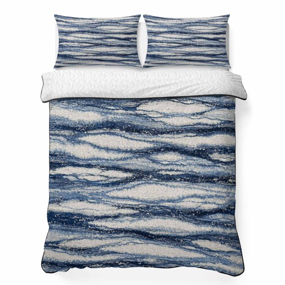 Abstract Ocean Wave Queen Quilt Bedding Set, Minimalist Blue Fluid Waves Marbled Ripples Lightweight Comforter with 2 Pillow Shams Bedroom Bedspread Set Home Decor for All Seasons