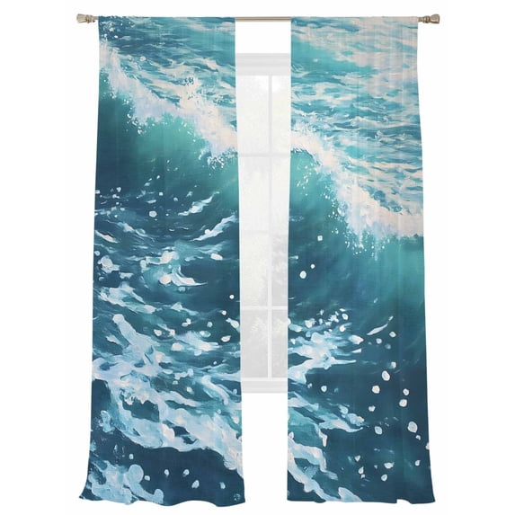 Abstract Ocean Wave Sheer Curtains 84 Inch Long 2 Panels, Modern Blue Marine Light Filtering Rod Pocket Curtains, Sheer Voile Drapes for Living Room Bedroom, 52"x84"