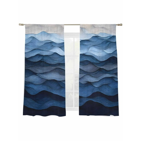 Abstract Ocean Wave Sheer Curtains for Living Room Bedroom, Light-filtering Sheer Curtain, Gradient Navy Impressionist Style Rod Pocket Voile Window Treatment Drapes, 52’’Wx63’’L, 2 Panels Set