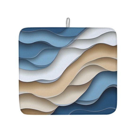Abstract Ocean Wave Water Ripple Dish Drying Mats for Kitchen Counter,Absorbent Microfiber Dish Drainer Rack Mat Blue Khaki Ombre Stripes Drying Pad for Sinks,Utensils,Countertops,16x18in