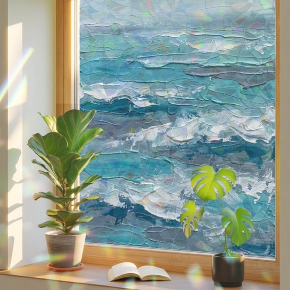 Abstract Ocean Wave Window Privacy Film, Coastal Blue Sea White Sky Oil Painting Static Cling Stained Glass Window Sticker Decorative Removable Rainbow Film for Glass 19.6”x39.3”