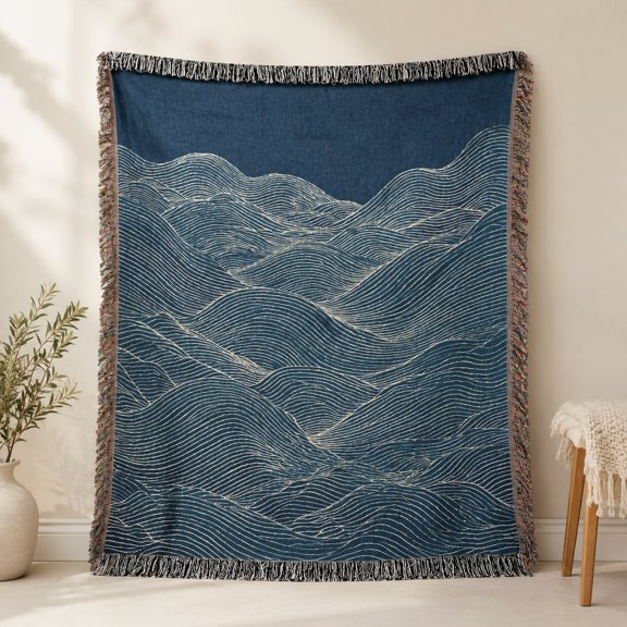 Abstract Ocean Waves 100% Cotton Woven Throw Blanket with Fringe | 3 Sizes | Nature Home Decor