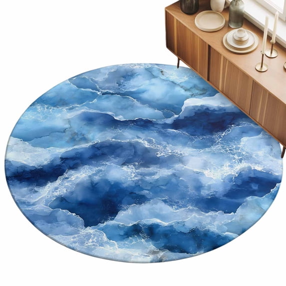 Abstract Ocean Waves Area Rugs 3.3' (Round) Blue Marble Texture Coastal ...