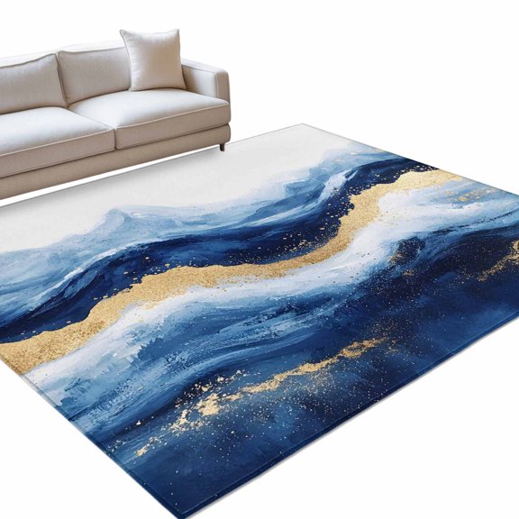 Abstract Ocean Waves Area Rugs 5x7ft Gradient Gold Deep Blue Mountain Art Floor Rug Non Slip Low Pile Ultra Soft Throw Carpet for Entryway Indoor Entrance Kitchen Bathroom