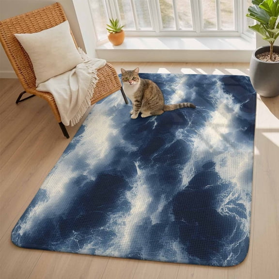 Abstract Ocean Waves Area Rugs for Living Room 5x6, Dark Blue Rainstorm Modern Washable Area Rug with Non Slip Backing, Stain Resist Linen Carpet for Bedroom, Dining Room, Entryway, Entrance